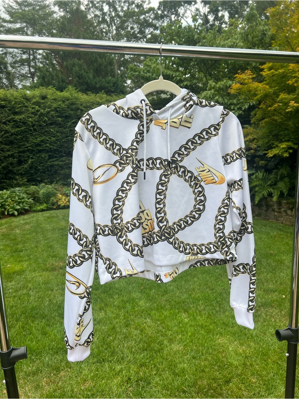 Nike White Cropped Hoodie with Gold Chain Motif